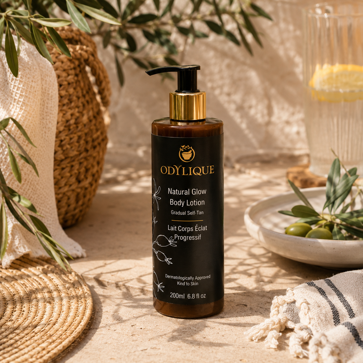 Odylique Natural Glow Body Lotion in a sunlit Mediterranean skincare setting.